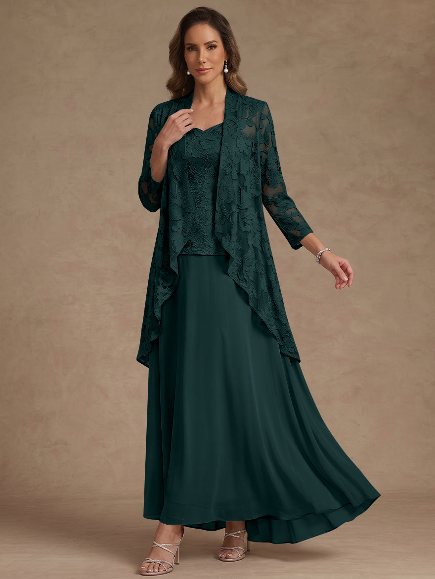 3 Pieces Suit A-Line/Princess V-Neck Chiffon Mother of the Bride Dresses with Jacket Lace Ankle-Length 3/4 Sleeves