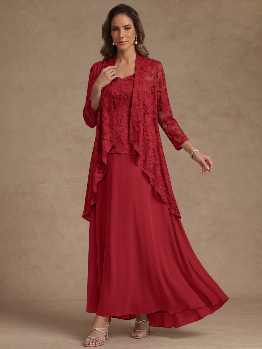 3 Pieces Suit A-Line/Princess V-Neck Chiffon Mother of the Bride Dresses with Jacket Lace Ankle-Length 3/4 Sleeves