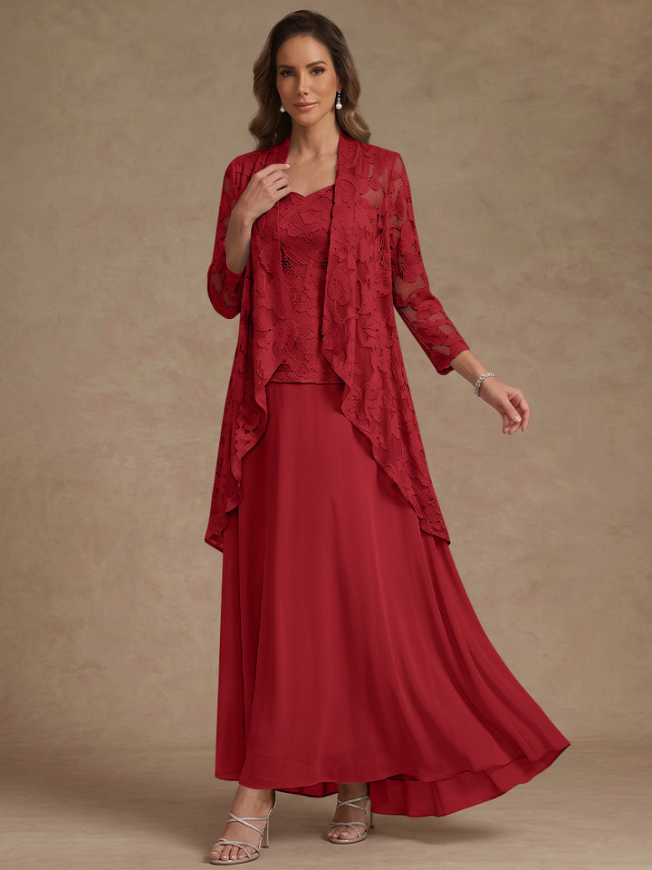 3 Pieces Suit A-Line/Princess V-Neck Chiffon Mother of the Bride Dresses with Jacket Lace Ankle-Length 3/4 Sleeves