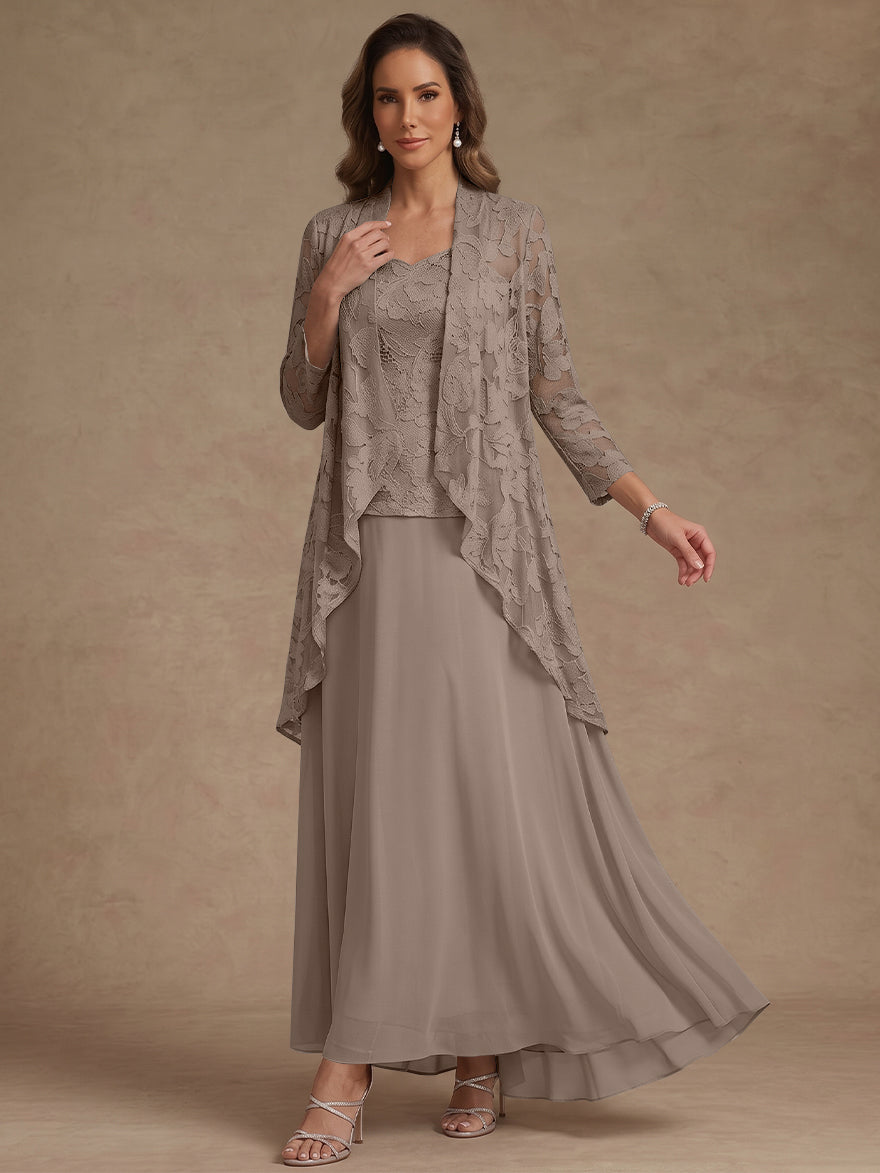 3 Pieces Suit A-Line/Princess V-Neck Chiffon Mother of the Bride Dresses with Jacket Lace Ankle-Length 3/4 Sleeves