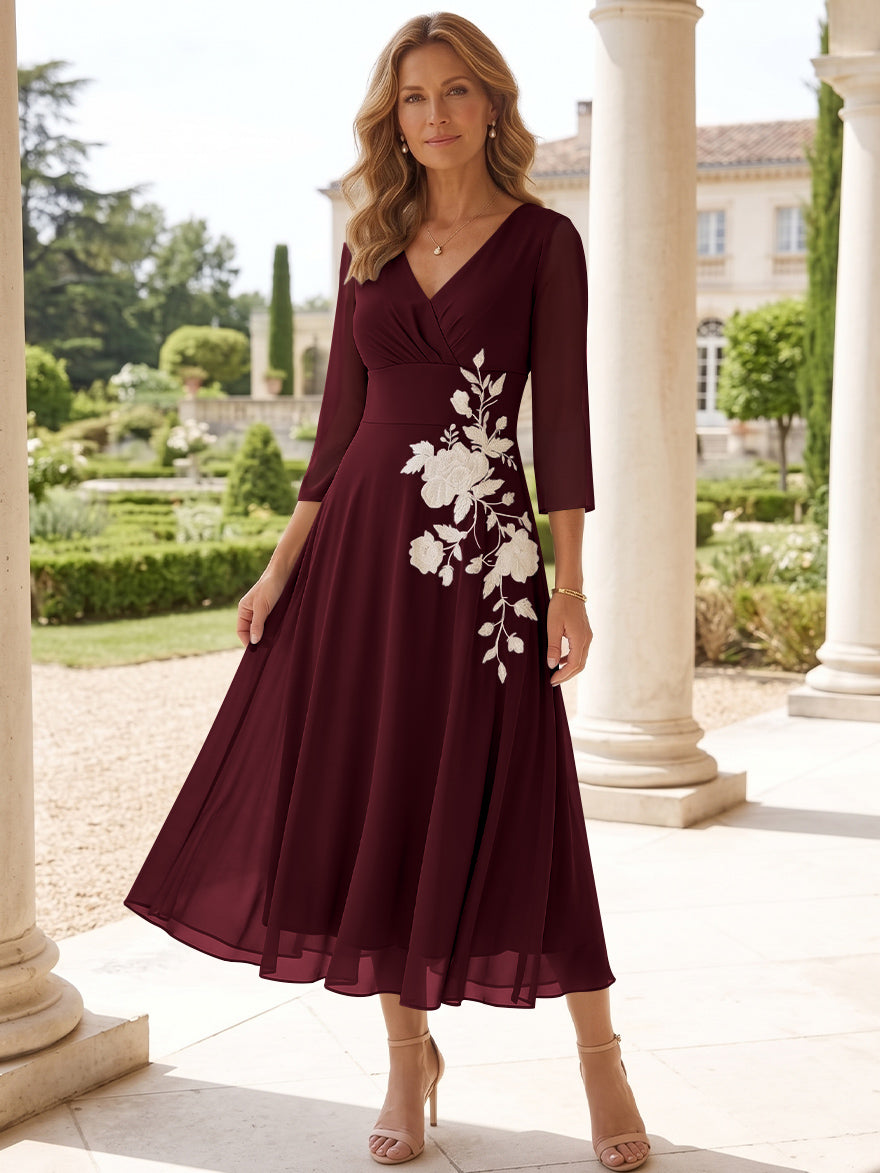A-Line/Princess V-Neck Chiffon Mother of the Bride Dresses Tea-Length 3/4 Sleeves Lace Floral