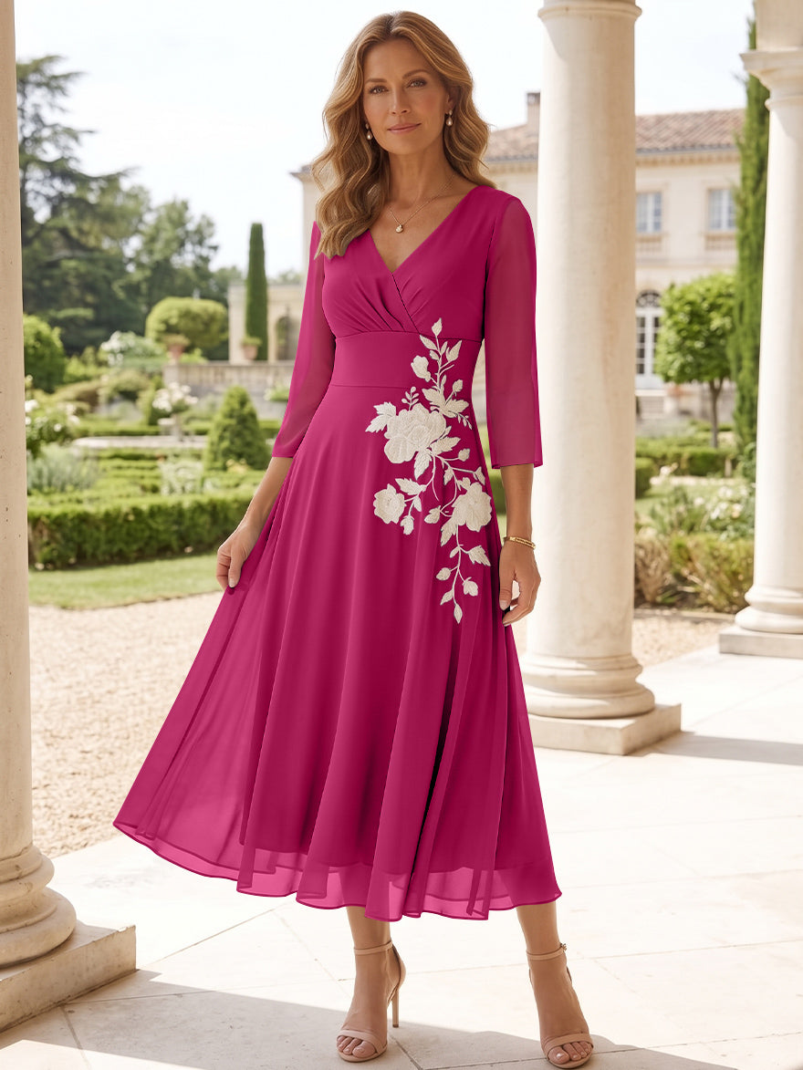 A-Line/Princess V-Neck Chiffon Mother of the Bride Dresses Tea-Length 3/4 Sleeves Lace Floral