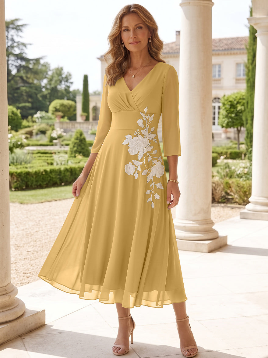 A-Line/Princess V-Neck Chiffon Mother of the Bride Dresses Tea-Length 3/4 Sleeves Lace Floral