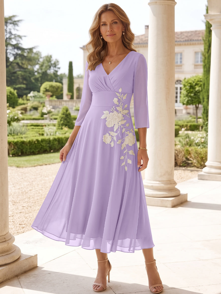 A-Line/Princess V-Neck Chiffon Mother of the Bride Dresses Tea-Length 3/4 Sleeves Lace Floral