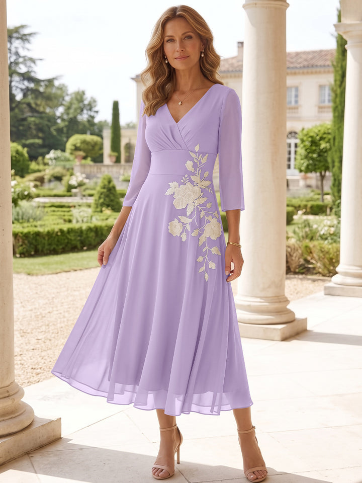 A-Line/Princess V-Neck Chiffon Mother of the Bride Dresses Tea-Length 3/4 Sleeves Lace Floral