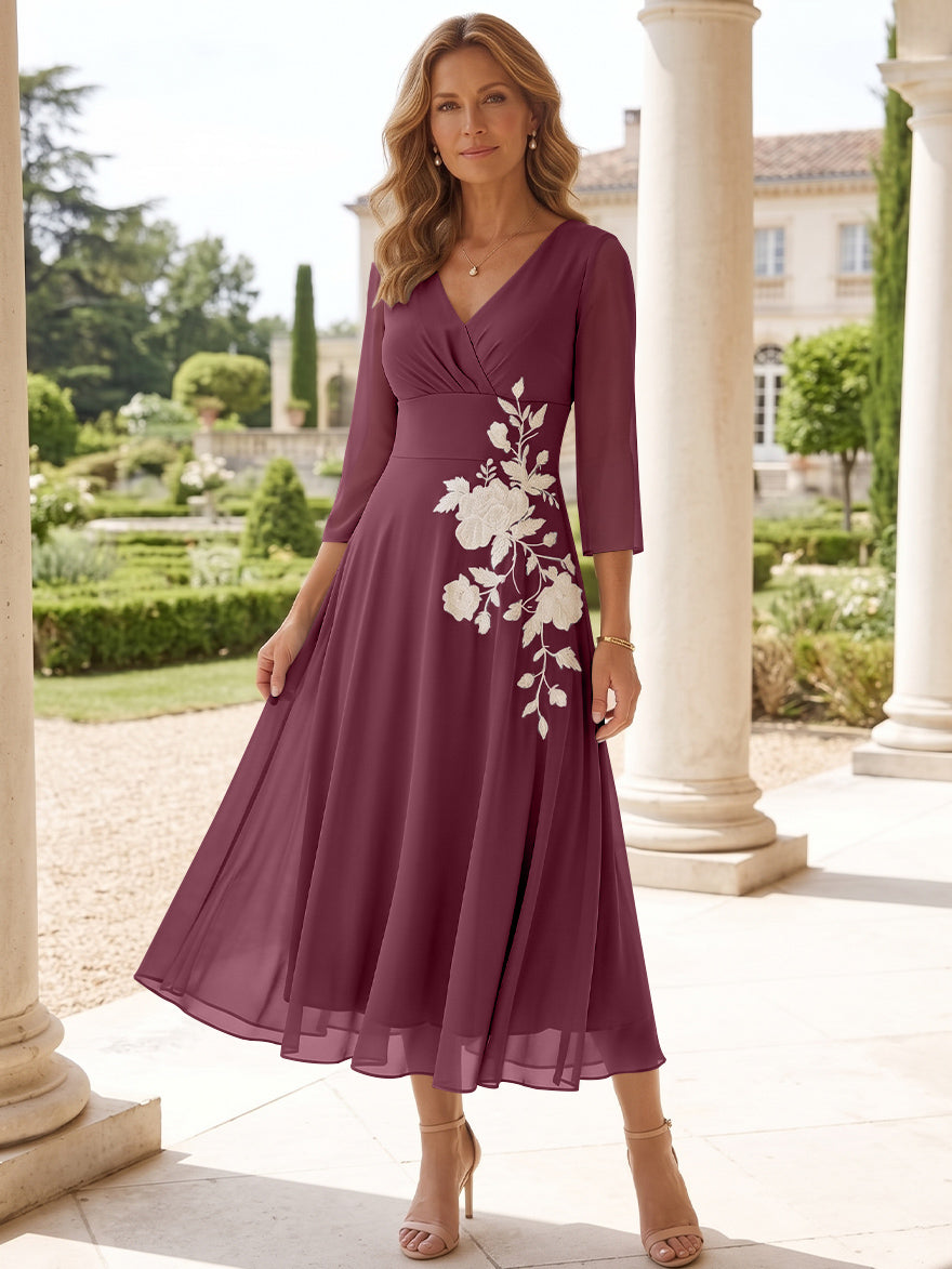 A-Line/Princess V-Neck Chiffon Mother of the Bride Dresses Tea-Length 3/4 Sleeves Lace Floral