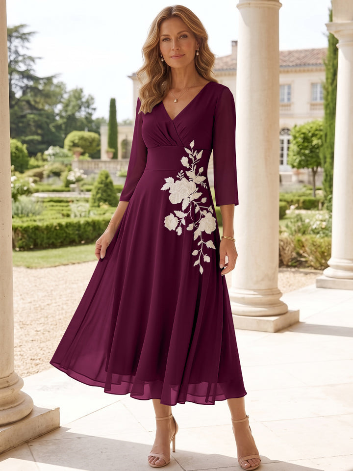 A-Line/Princess V-Neck Chiffon Mother of the Bride Dresses Tea-Length 3/4 Sleeves Lace Floral