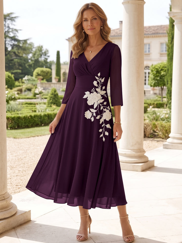 A-Line/Princess V-Neck Chiffon Mother of the Bride Dresses Tea-Length 3/4 Sleeves Lace Floral