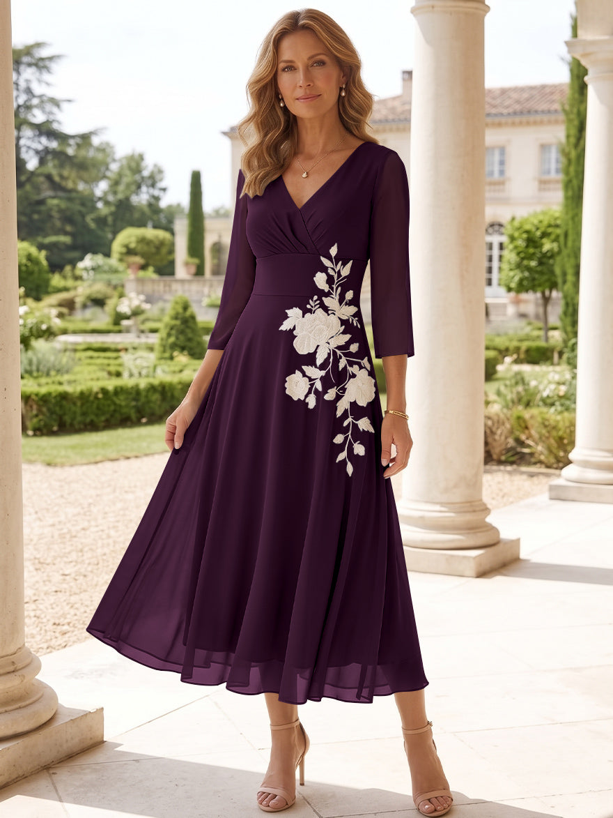 A-Line/Princess V-Neck Chiffon Mother of the Bride Dresses Tea-Length 3/4 Sleeves Lace Floral