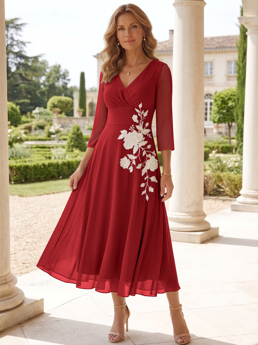 A-Line/Princess V-Neck Chiffon Mother of the Bride Dresses Tea-Length 3/4 Sleeves Lace Floral