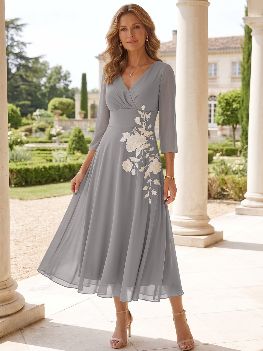 A-Line/Princess V-Neck Chiffon Mother of the Bride Dresses Tea-Length 3/4 Sleeves Lace Floral