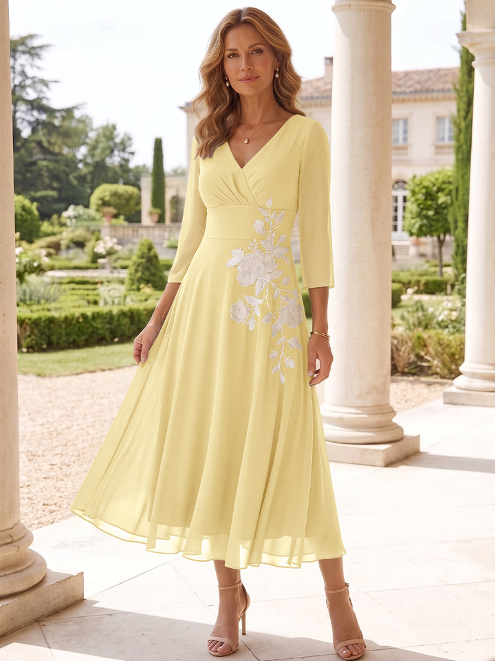 A-Line/Princess V-Neck Chiffon Mother of the Bride Dresses Tea-Length 3/4 Sleeves Lace Floral