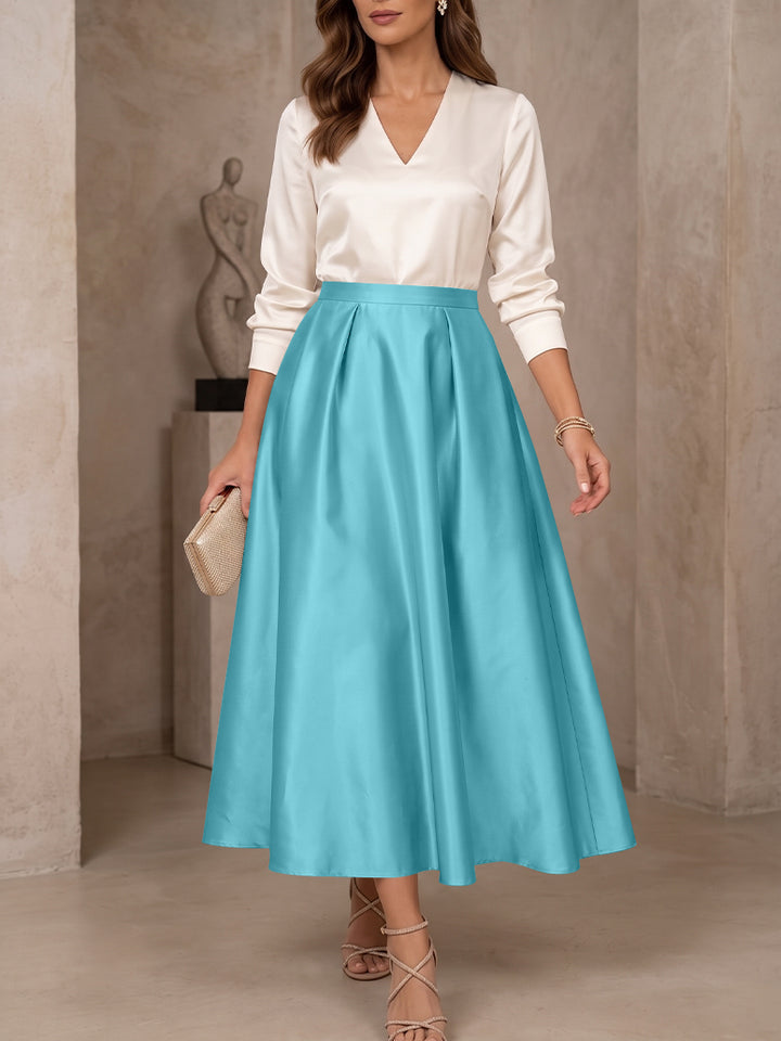 A-Line/Princess V-Neck Satin Mother of the Bride Dresses 3/4 Sleeves Tea-Length Pleated