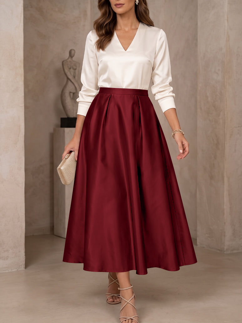 A-Line/Princess V-Neck Satin Mother of the Bride Dresses 3/4 Sleeves Tea-Length Pleated