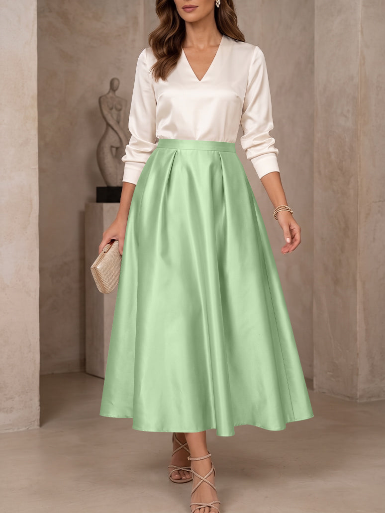 A-Line/Princess V-Neck Satin Mother of the Bride Dresses 3/4 Sleeves Tea-Length Pleated