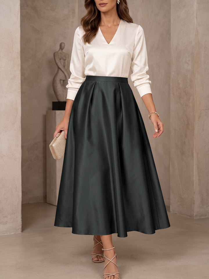 A-Line/Princess V-Neck Satin Mother of the Bride Dresses 3/4 Sleeves Tea-Length Pleated