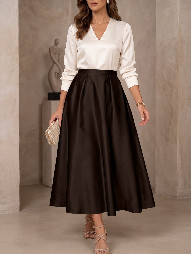 A-Line/Princess V-Neck Satin Mother of the Bride Dresses 3/4 Sleeves Tea-Length Pleated