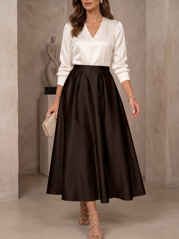 A-Line/Princess V-Neck Satin Mother of the Bride Dresses 3/4 Sleeves Tea-Length Pleated