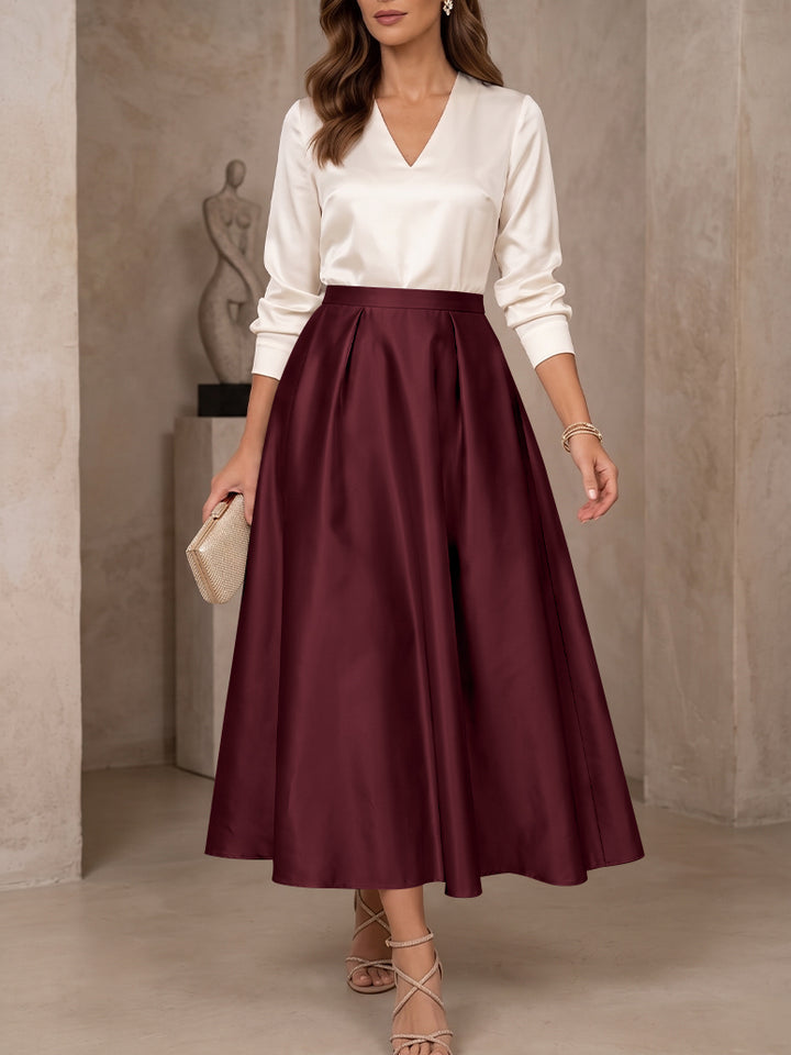 A-Line/Princess V-Neck Satin Mother of the Bride Dresses 3/4 Sleeves Tea-Length Pleated