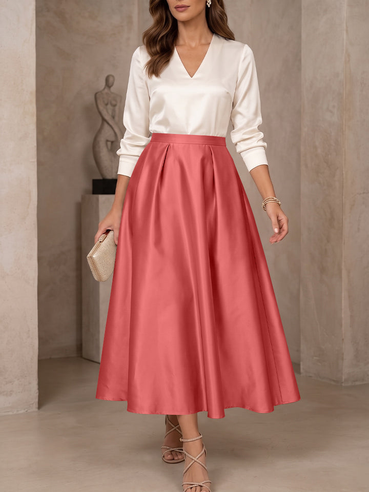 A-Line/Princess V-Neck Satin Mother of the Bride Dresses 3/4 Sleeves Tea-Length Pleated