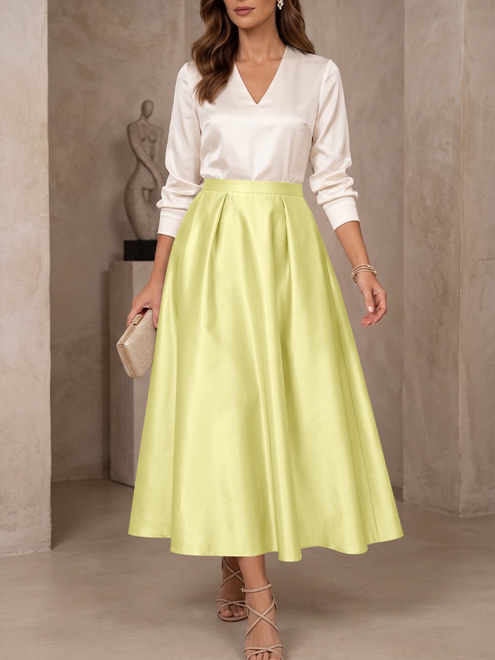 A-Line/Princess V-Neck Satin Mother of the Bride Dresses 3/4 Sleeves Tea-Length Pleated