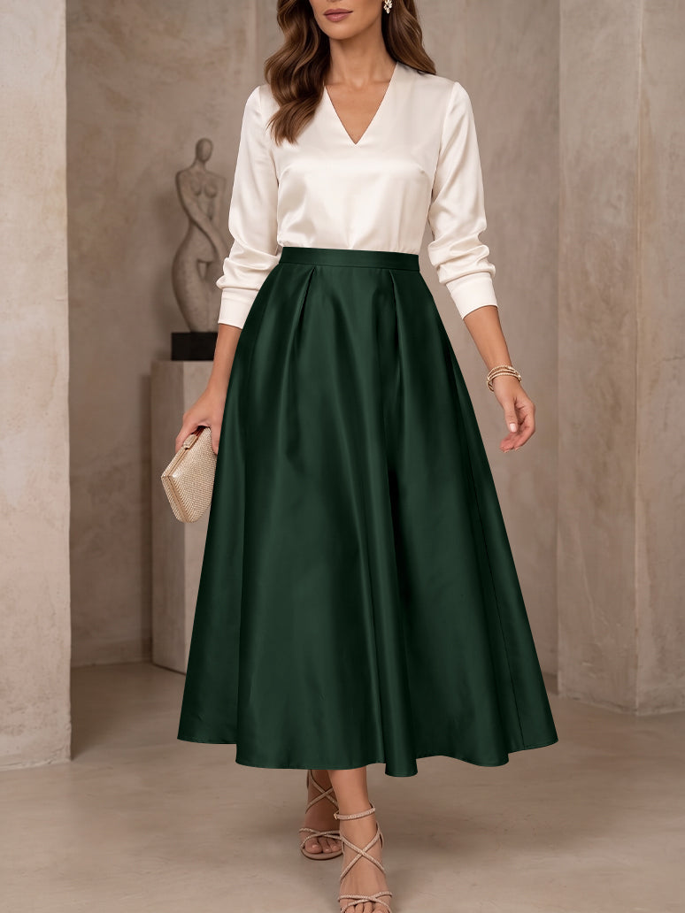A-Line/Princess V-Neck Satin Mother of the Bride Dresses 3/4 Sleeves Tea-Length Pleated