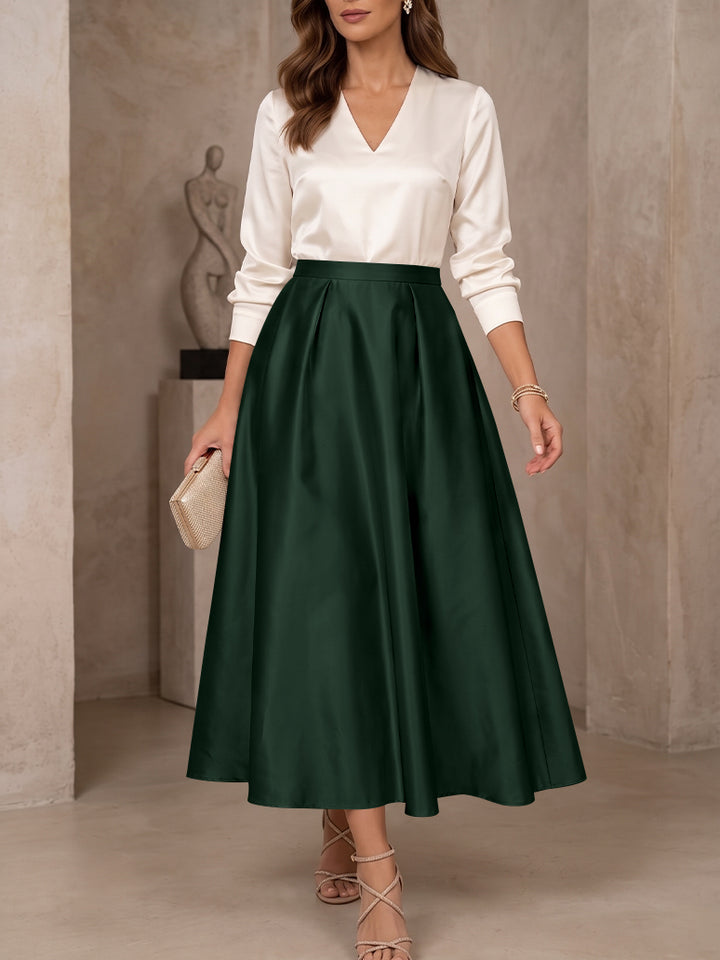 A-Line/Princess V-Neck Satin Mother of the Bride Dresses 3/4 Sleeves Tea-Length Pleated