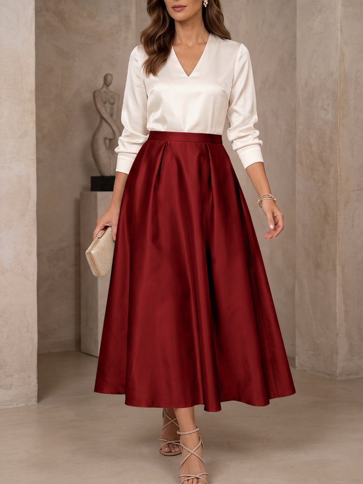 A-Line/Princess V-Neck Satin Mother of the Bride Dresses 3/4 Sleeves Tea-Length Pleated