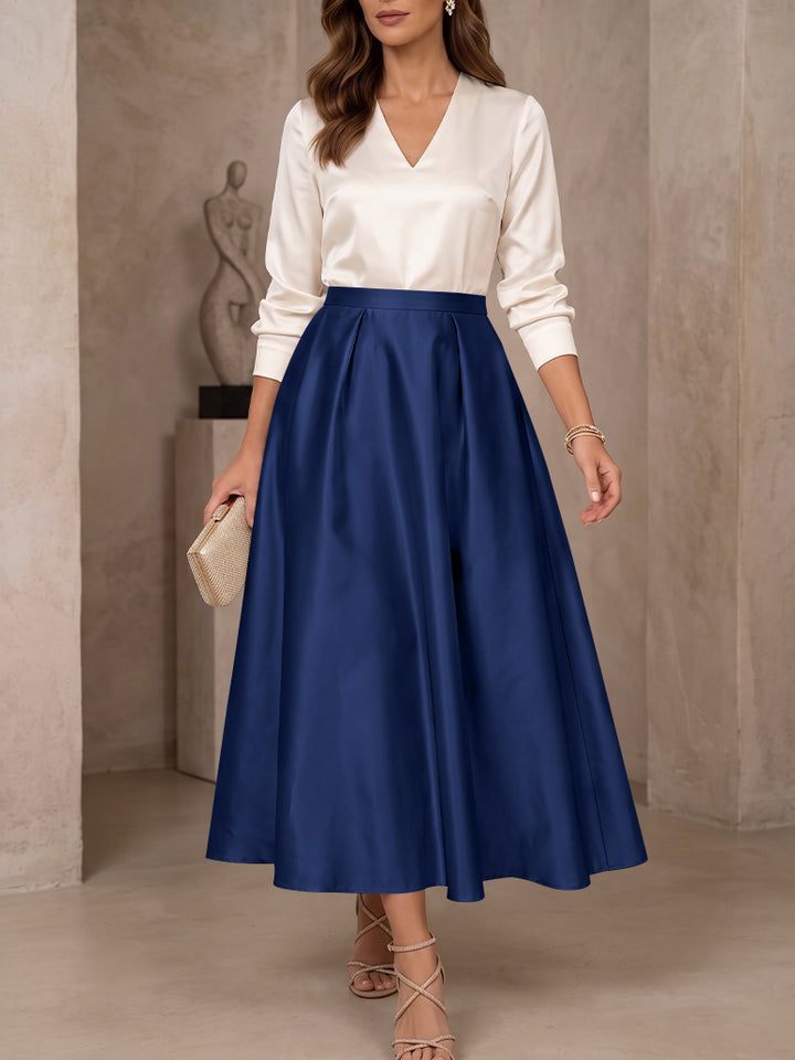 A-Line/Princess V-Neck Satin Mother of the Bride Dresses 3/4 Sleeves Tea-Length Pleated