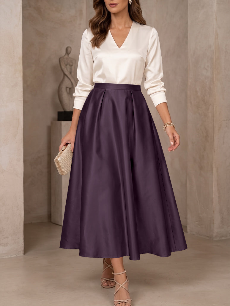 A-Line/Princess V-Neck Satin Mother of the Bride Dresses 3/4 Sleeves Tea-Length Pleated