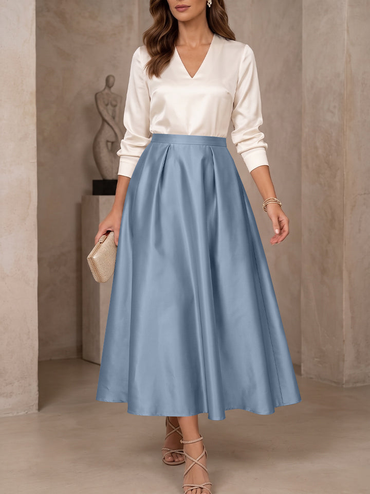 A-Line/Princess V-Neck Satin Mother of the Bride Dresses 3/4 Sleeves Tea-Length Pleated