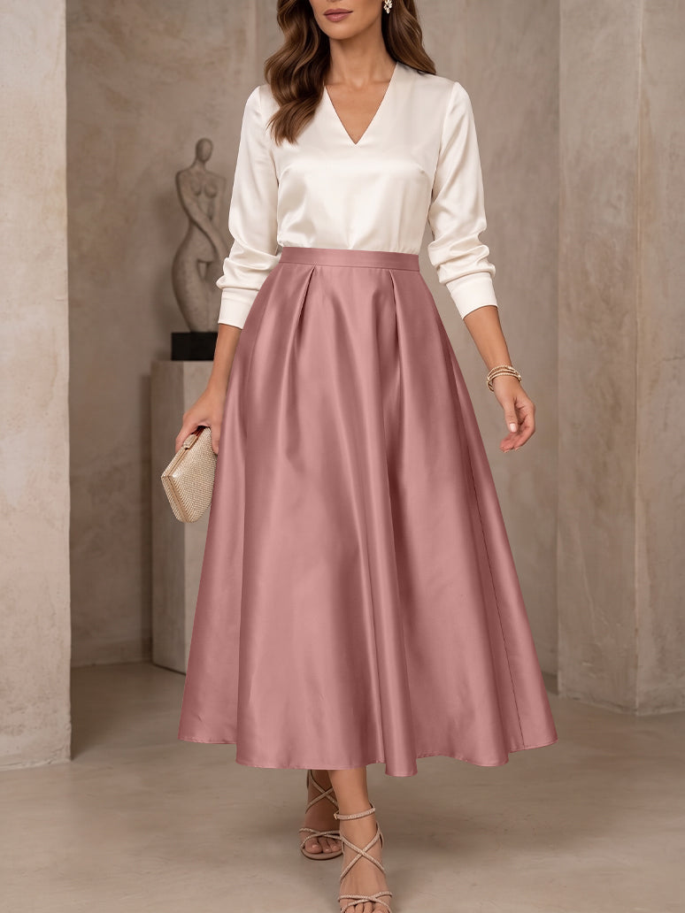 A-Line/Princess V-Neck Satin Mother of the Bride Dresses 3/4 Sleeves Tea-Length Pleated