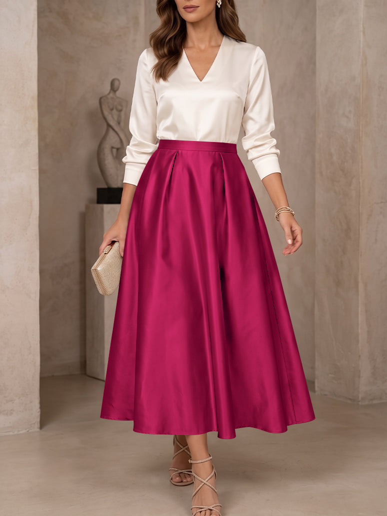 A-Line/Princess V-Neck Satin Mother of the Bride Dresses 3/4 Sleeves Tea-Length Pleated