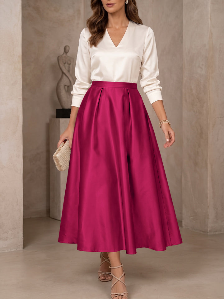 A-Line/Princess V-Neck Satin Mother of the Bride Dresses 3/4 Sleeves Tea-Length Pleated