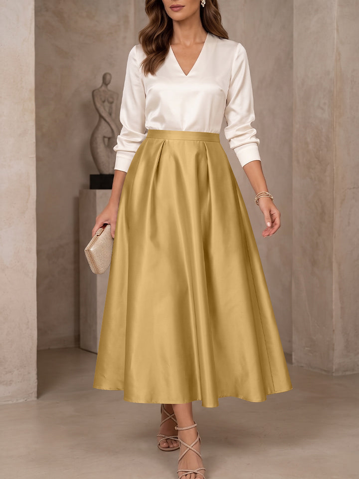 A-Line/Princess V-Neck Satin Mother of the Bride Dresses 3/4 Sleeves Tea-Length Pleated