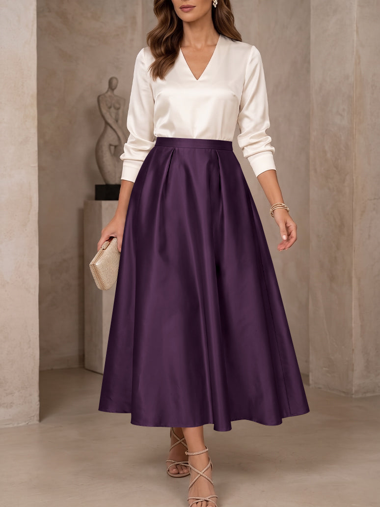 A-Line/Princess V-Neck Satin Mother of the Bride Dresses 3/4 Sleeves Tea-Length Pleated