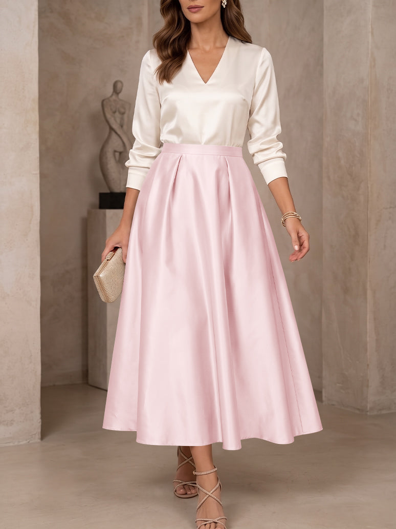 A-Line/Princess V-Neck Satin Mother of the Bride Dresses 3/4 Sleeves Tea-Length Pleated