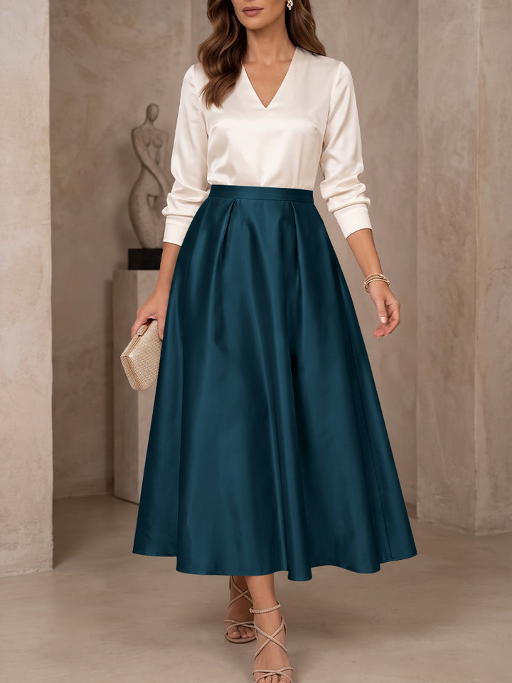 A-Line/Princess V-Neck Satin Mother of the Bride Dresses 3/4 Sleeves Tea-Length Pleated