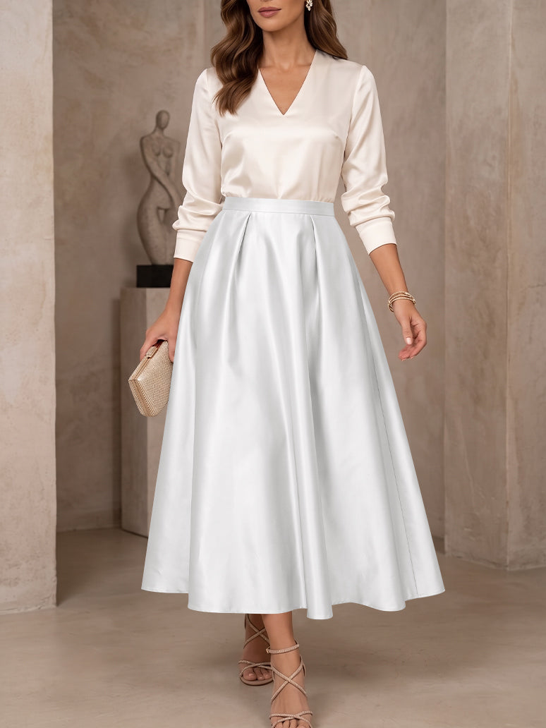 A-Line/Princess V-Neck Satin Mother of the Bride Dresses 3/4 Sleeves Tea-Length Pleated