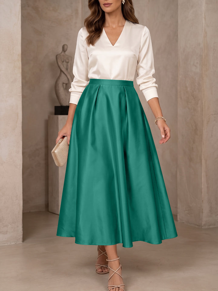 A-Line/Princess V-Neck Satin Mother of the Bride Dresses 3/4 Sleeves Tea-Length Pleated