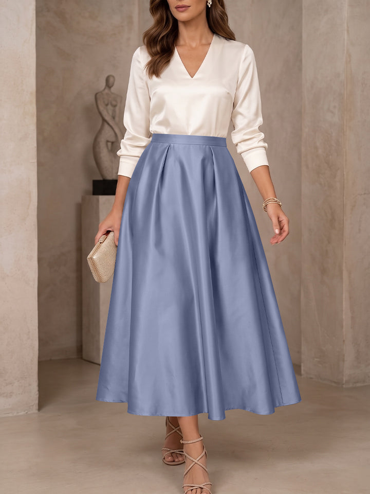 A-Line/Princess V-Neck Satin Mother of the Bride Dresses 3/4 Sleeves Tea-Length Pleated