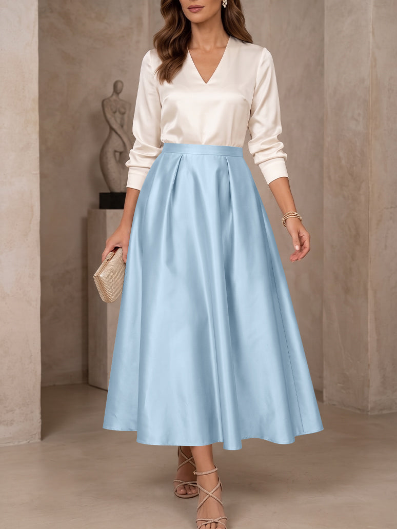 A-Line/Princess V-Neck Satin Mother of the Bride Dresses 3/4 Sleeves Tea-Length Pleated