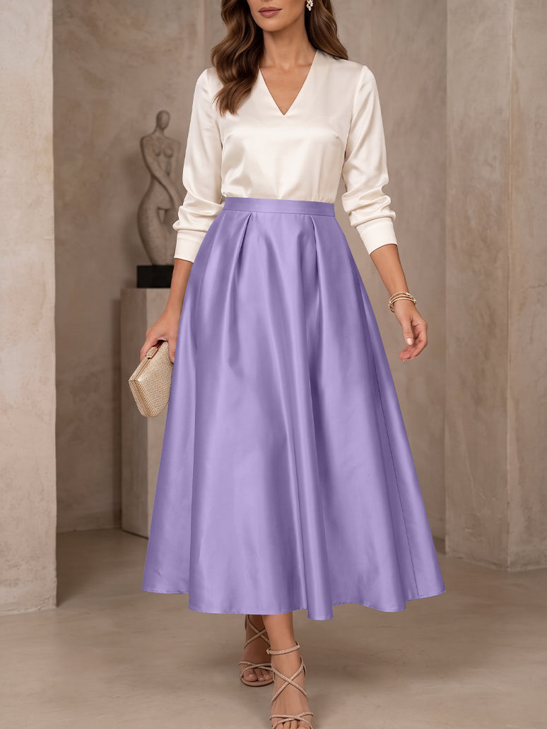 A-Line/Princess V-Neck Satin Mother of the Bride Dresses 3/4 Sleeves Tea-Length Pleated