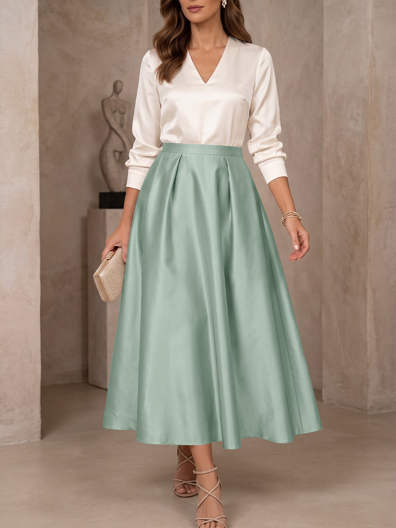 A-Line/Princess V-Neck Satin Mother of the Bride Dresses 3/4 Sleeves Tea-Length Pleated