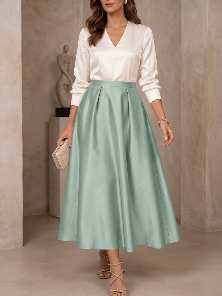 A-Line/Princess V-Neck Satin Mother of the Bride Dresses 3/4 Sleeves Tea-Length Pleated