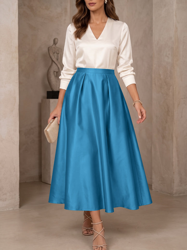 A-Line/Princess V-Neck Satin Mother of the Bride Dresses 3/4 Sleeves Tea-Length Pleated