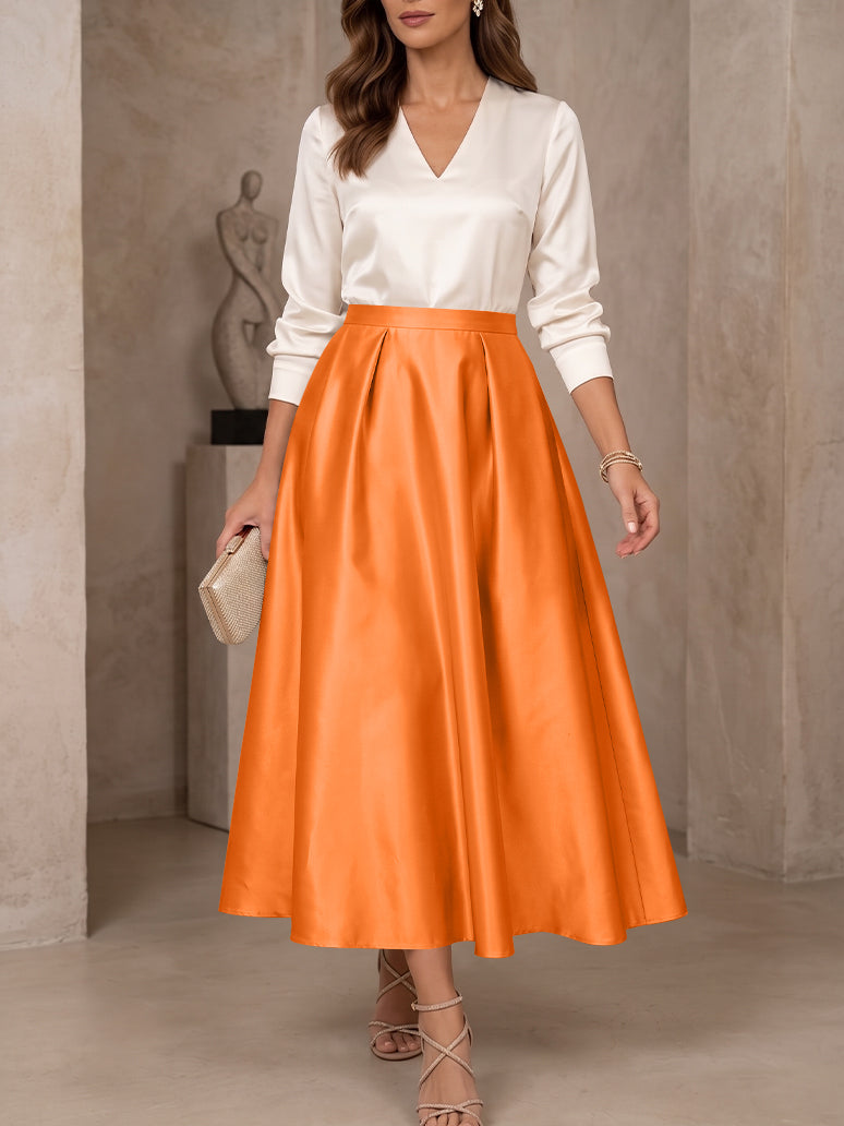 A-Line/Princess V-Neck Satin Mother of the Bride Dresses 3/4 Sleeves Tea-Length Pleated
