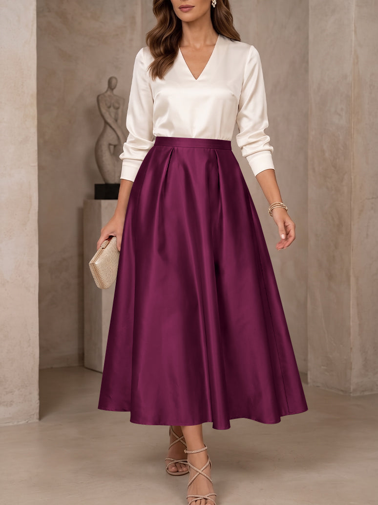 A-Line/Princess V-Neck Satin Mother of the Bride Dresses 3/4 Sleeves Tea-Length Pleated
