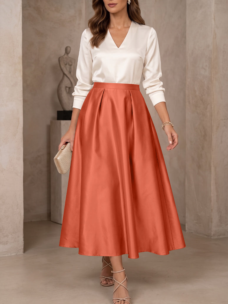A-Line/Princess V-Neck Satin Mother of the Bride Dresses 3/4 Sleeves Tea-Length Pleated