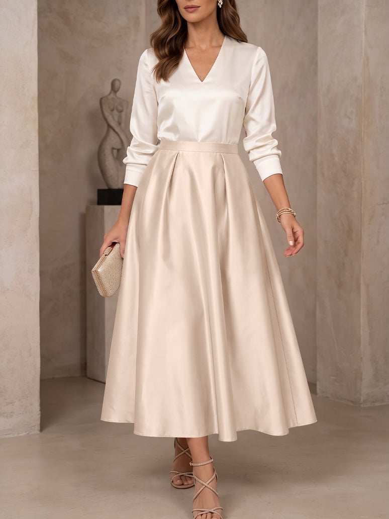 A-Line/Princess V-Neck Satin Mother of the Bride Dresses 3/4 Sleeves Tea-Length Pleated